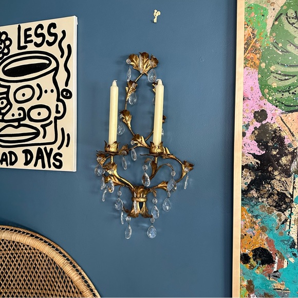 French Empire Style Gilt Metal 2 Candle Wall Sconce with Crystal Teardrops - Picture 4 of 11